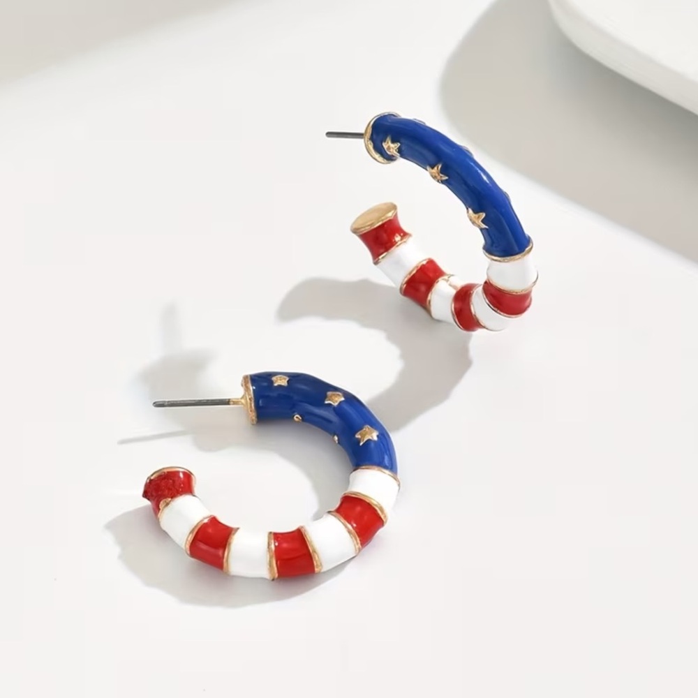 Patriotic Red White Blue Star Hoop Earrings - Picture 5 of 7